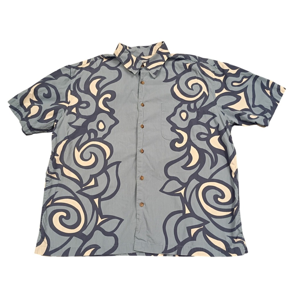 Old Navy Button Down Shirt Mens L Blue Abstract Swirl Tropical Aloha Cotton 1723